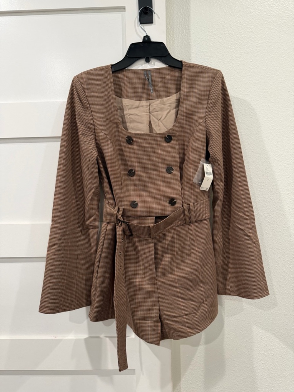 NWT Anthropologie Brown Checked Double-Breasted Belted Jumpsuit